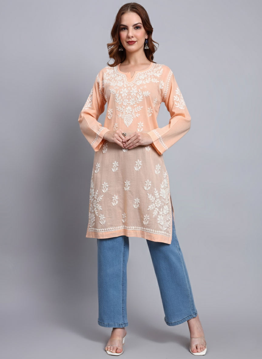 Women Hand Embroidered Chikankari Cotton Kurti -AL3685 Peach