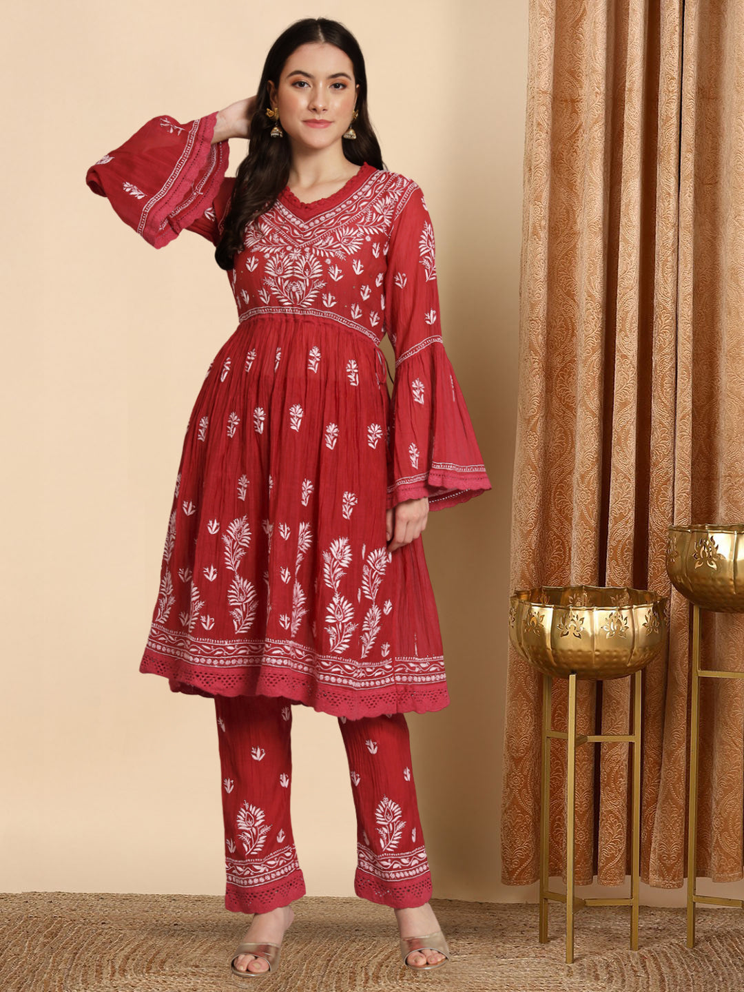Hand Embroidered Chikankari Chanderi Cotton Frock Style Kurta Pant-AL3661KS Maroon