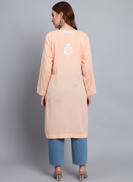 Women Hand Embroidered Chikankari Cotton Kurti -AL3685 Peach