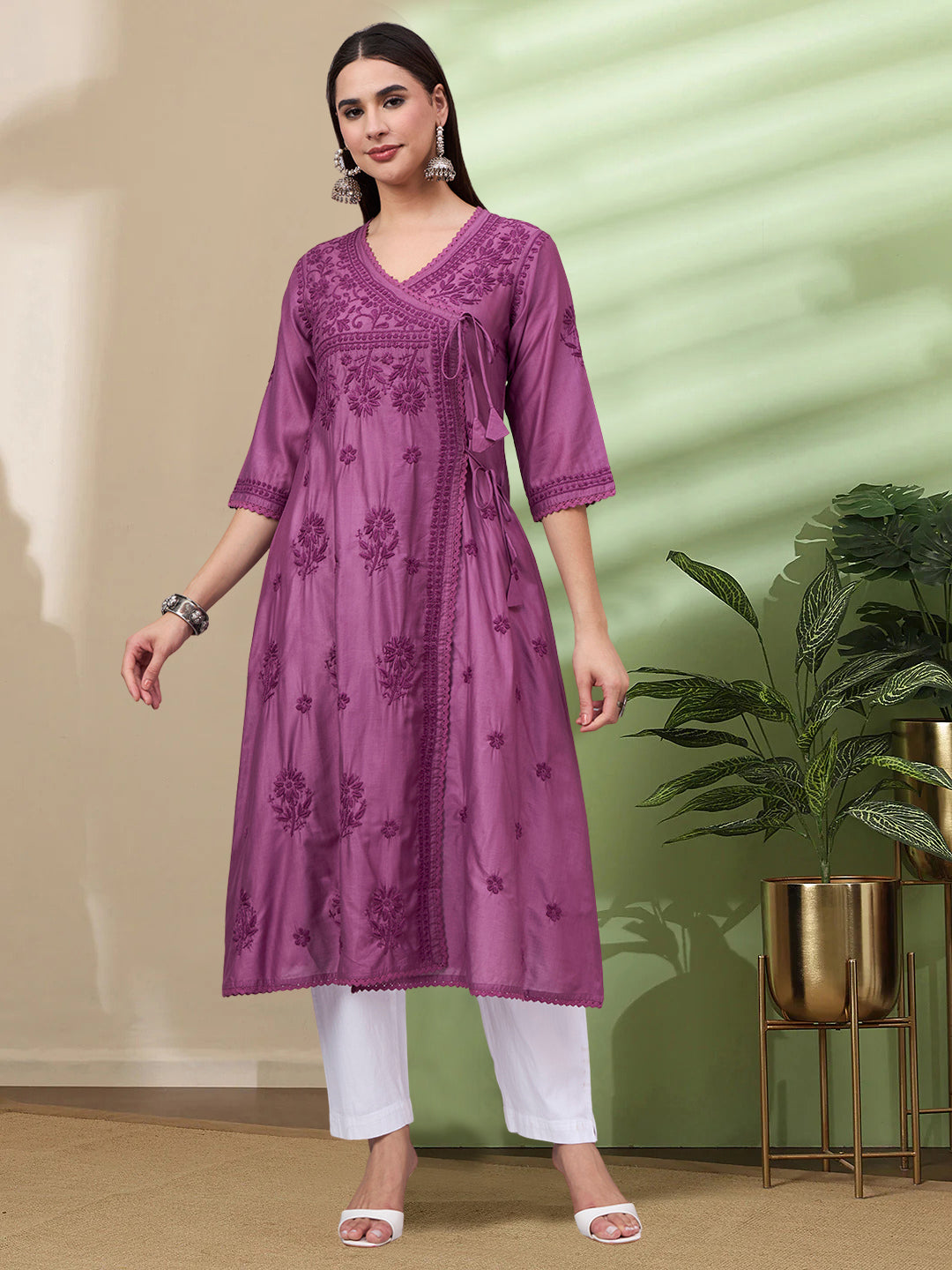 Women chikankari hand Embroidered Chanderi Angrakha kurta-AL3667 Mauve