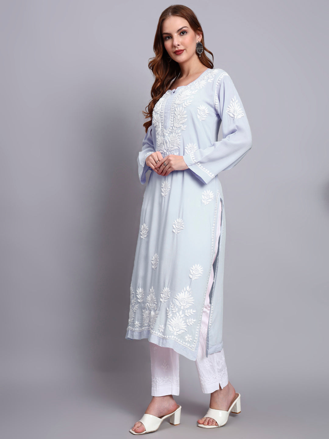 Hand Embroidered Chikankari Modal Straight Kurta-AL3683 Lavender