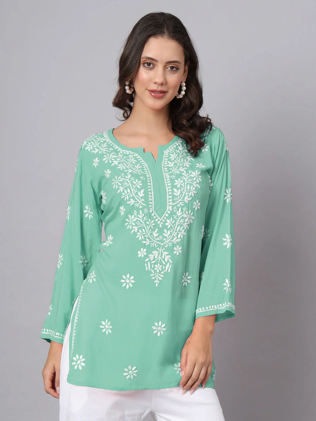 Women Hand Embroidered Chikankari Modal Kurti-AL3611 Dark SeaGreen