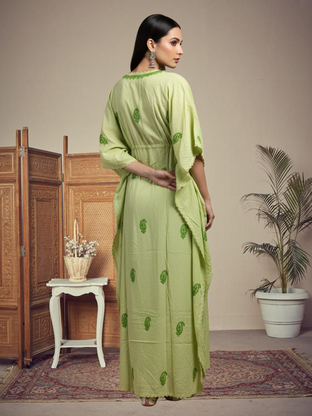 Hand Embroidered Chikankari Rayon Kaftan-AL3474 Parrotgreen