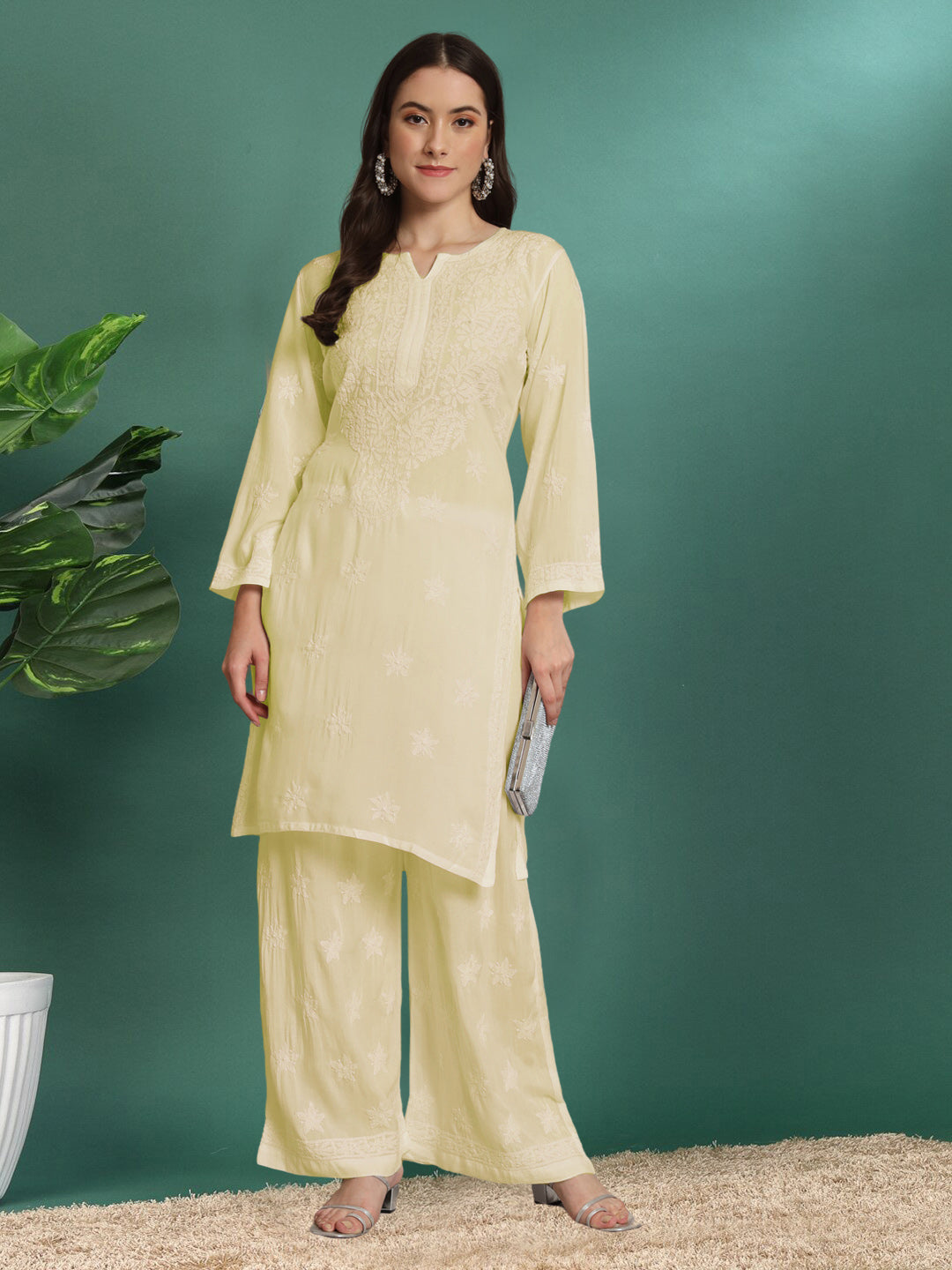 Hand Embroidered Chikankari Modal Kurta with Palazzo- AL3662KS Lemon