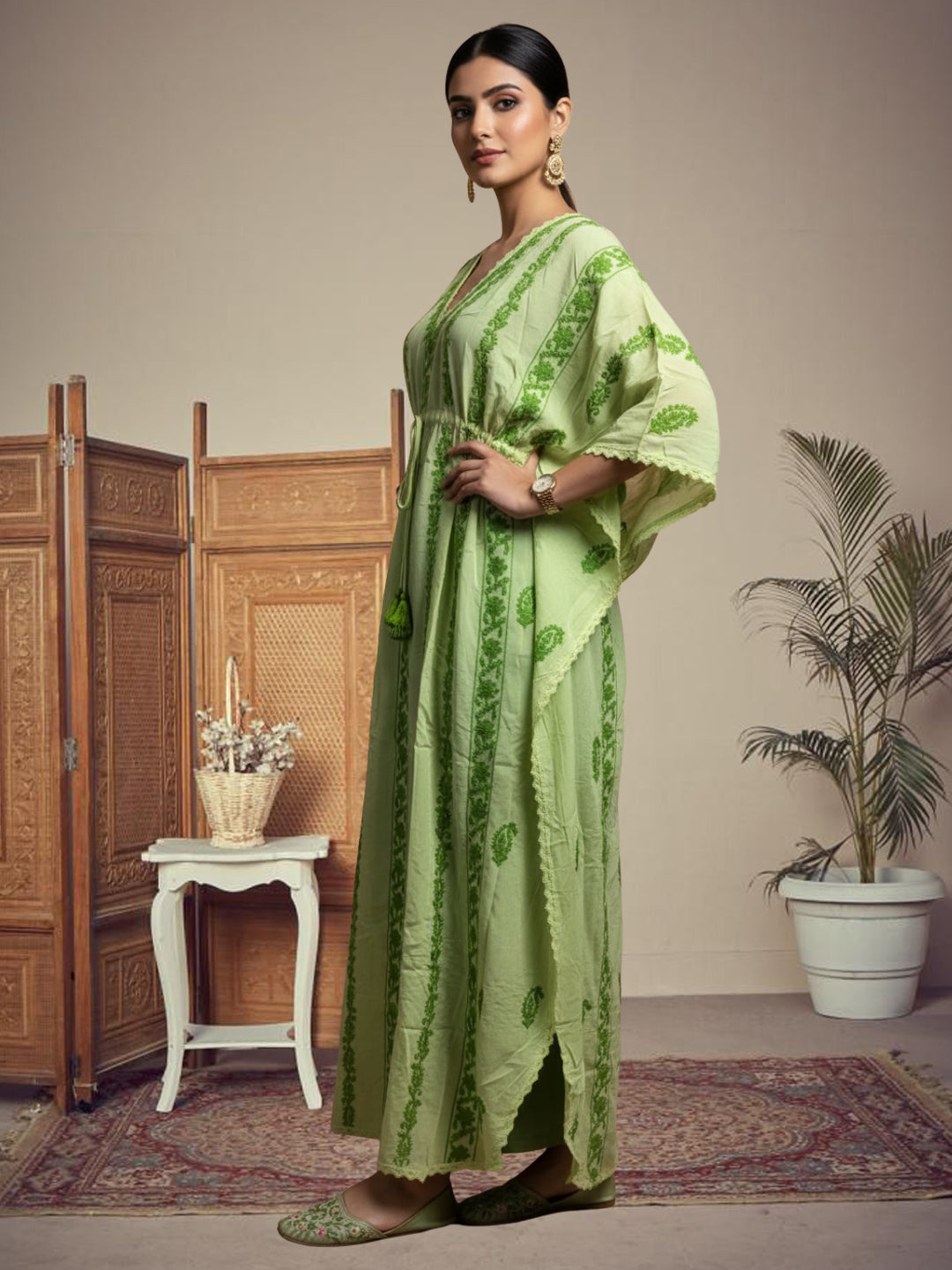Hand Embroidered Chikankari Rayon Kaftan-AL3474 Parrotgreen