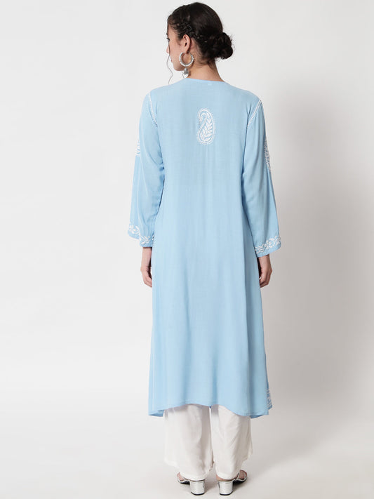Women Hand Embroidered Chikankari Rayon Kurta-AL3549 Lightskyblue