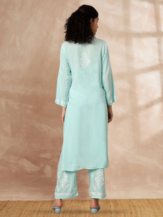 Women Hand Embroidered Chikankari Modal Kurta Set-AL3600KS Seagreen