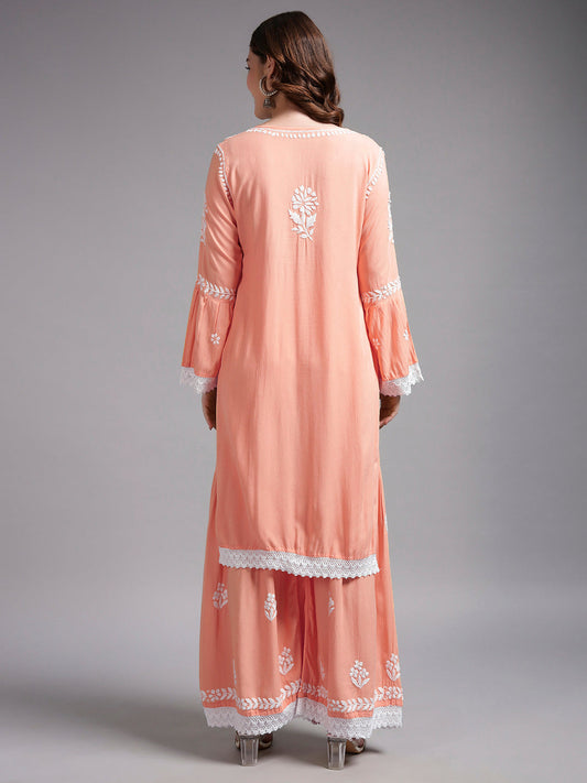Women Hand Embroidered Lucknowi Chikankari Rayon Kurta Set-AL4077KS Peach
