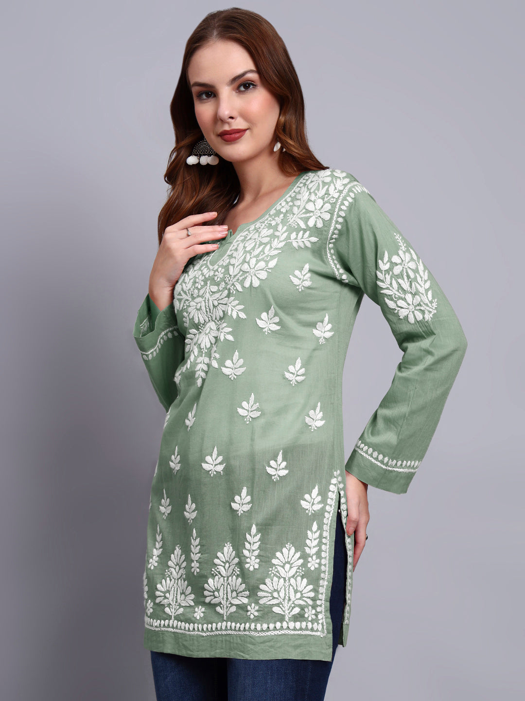 Women Hand Embroidered Chikankari Mulmul Short Top -AL3724 Green
