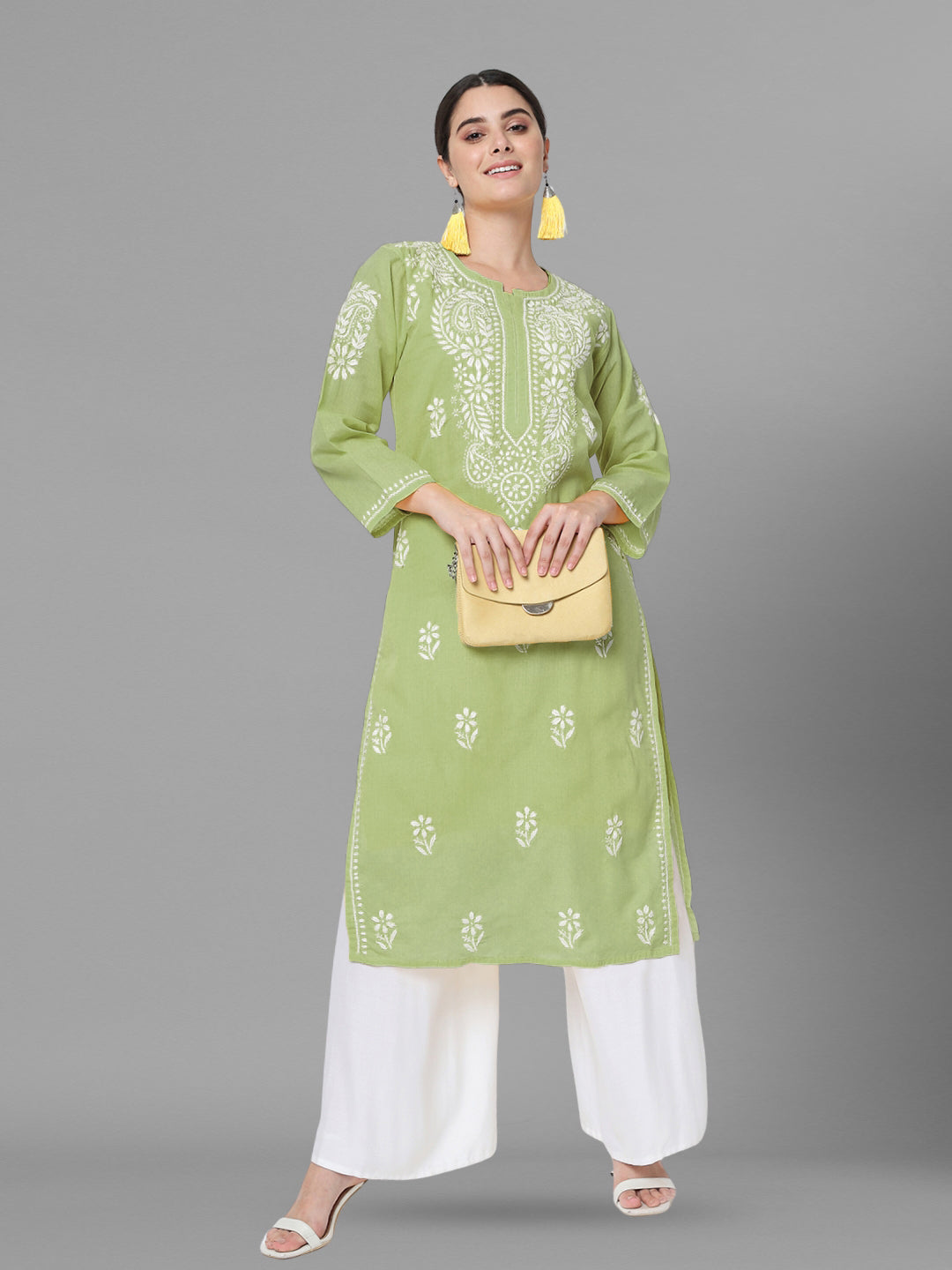 Hand Embroidered Chikankari Cotton Straight Kurta-AL3561 Olive