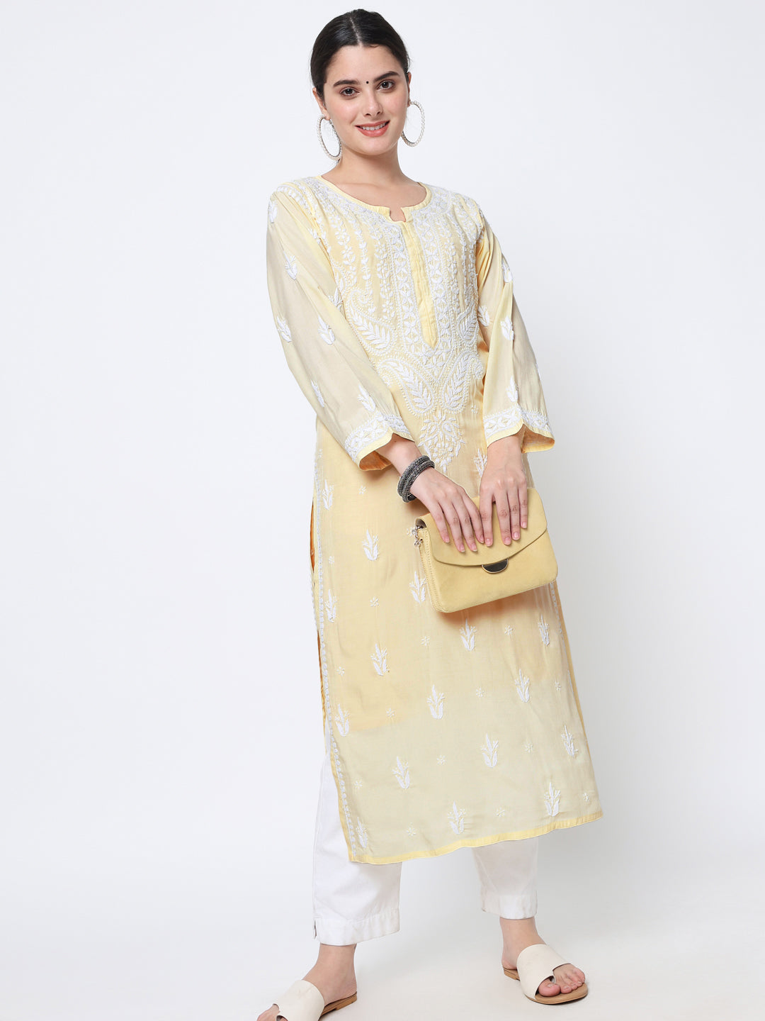 Women Hand Embroidered Chikankari Modal Kurta-AL3584 Yellow