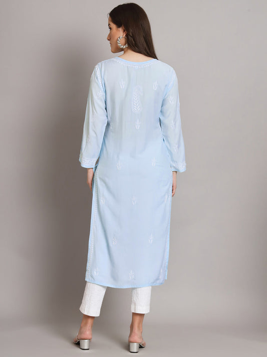 Women Hand Embroidered Chikankari Cotton Kurta-AL3584 Skyblue