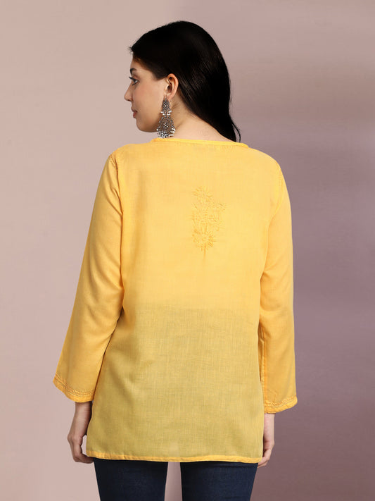 Hand Embroidered Chikankari Cotton Straight Kurti-AL3405 Yellow