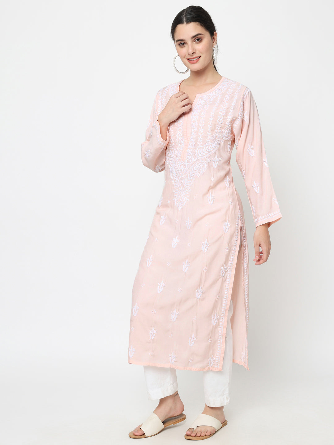 Women Hand Embroidered Chikankari Modal Kurta-AL3584 Peach