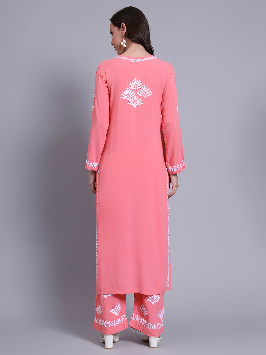 Women Hand Embroidered Chikankari Rayon Kurta Set-AL4084KS Peach