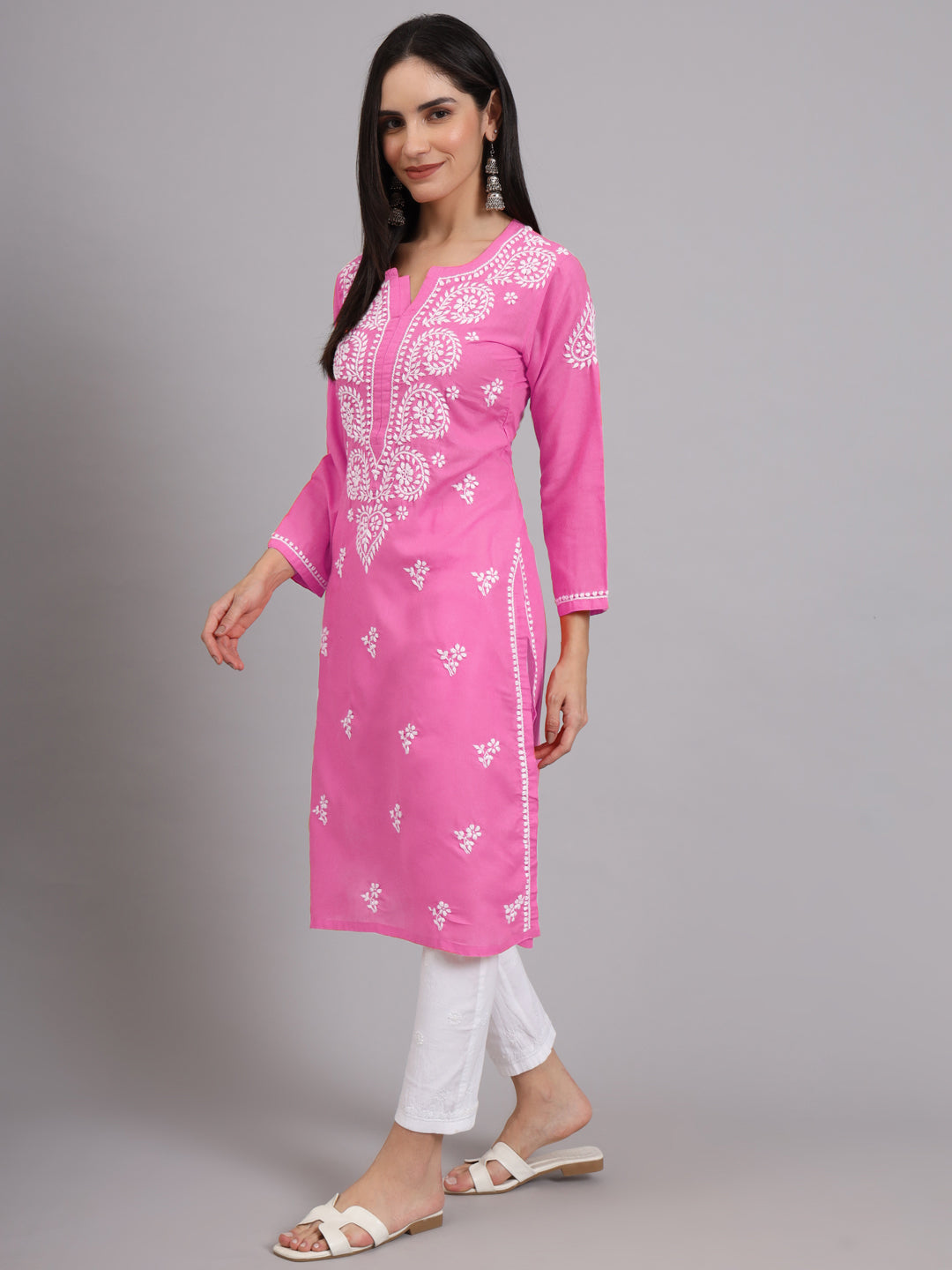 Hand Embroidered Chikankari Cotton Straight Kurta-AL3997 Dark Pink