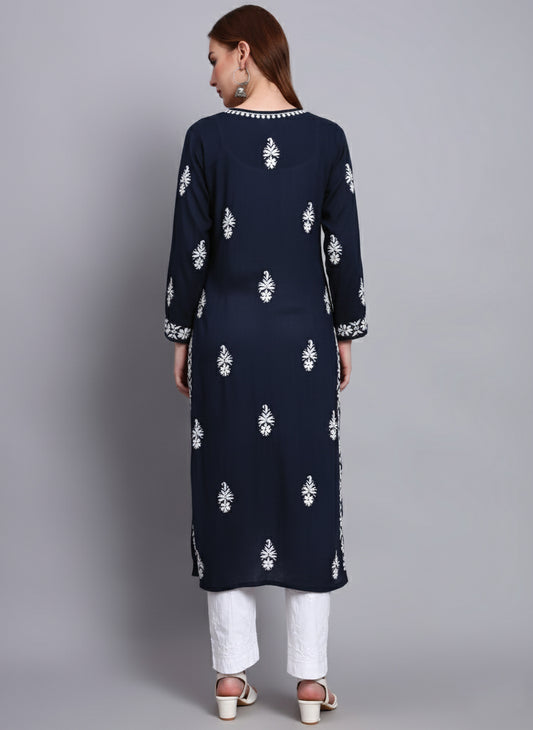 Women Hand Embroidered Chikankari Modal Straight Kurta-AL4042 Navy