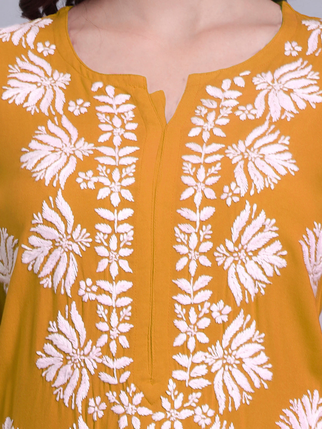 Women Hand Embroidered Chikankari Rayon Kurta Set-AL4084KS Mustard Yellow