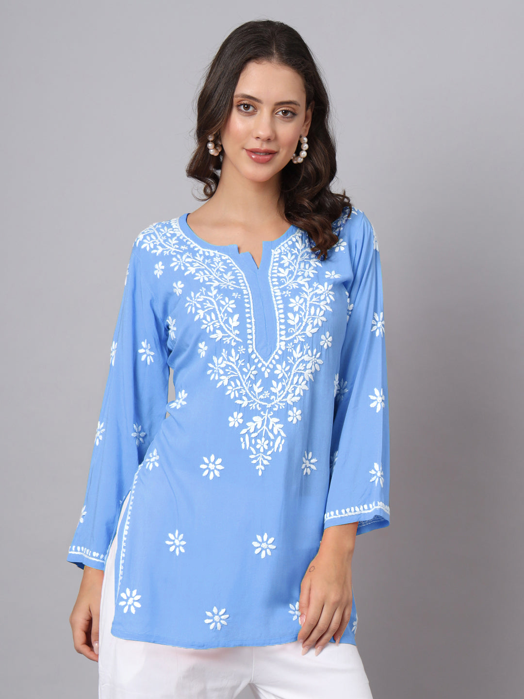 Women Hand Embroidered Modal Chikankari Kurti-AL3611 Powder Blue