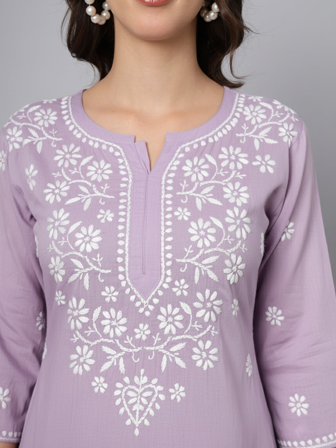Women Hand Embroidered Modal Chikankari Kurti-AL3611 Lavender
