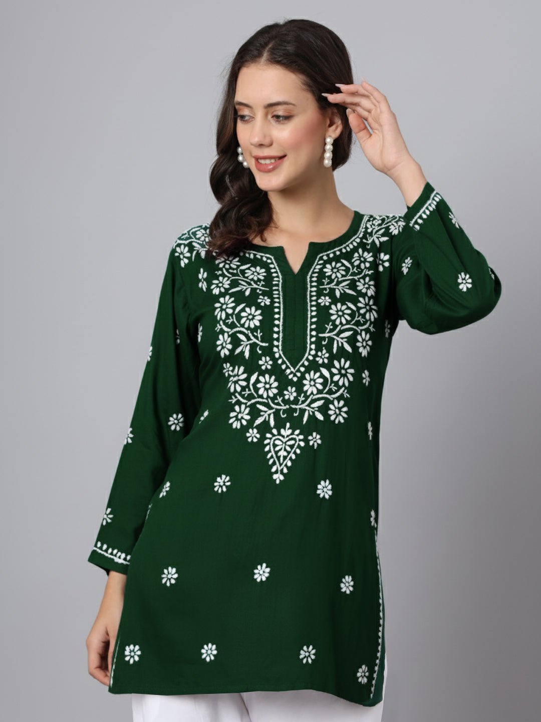 Women Hand Embroidered Modal Chikankari Kurti-AL3611 Bottle Green