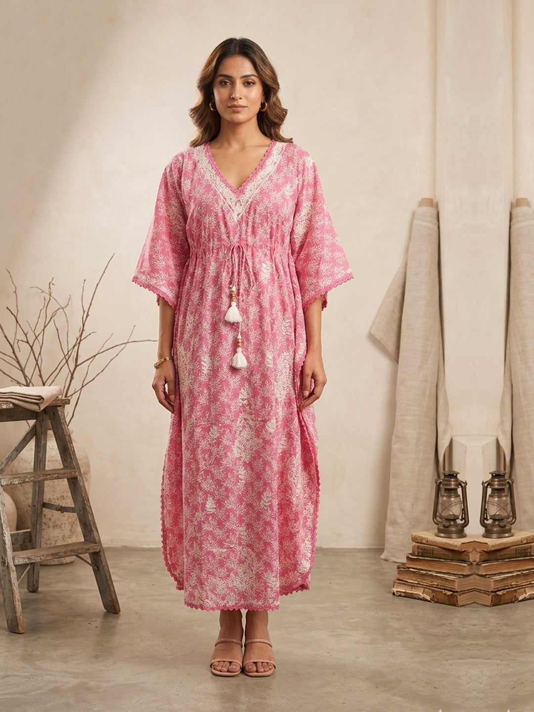 Hand Embroidered Chikankari Cotton Kaftan-AL3833 New Carrotpink