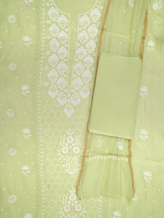 Women Hand Embroidered Premium Chikankari Mul Chanderi Unstitched Kurta Dupatta Bottom Set-ALSCA85201FS Mint