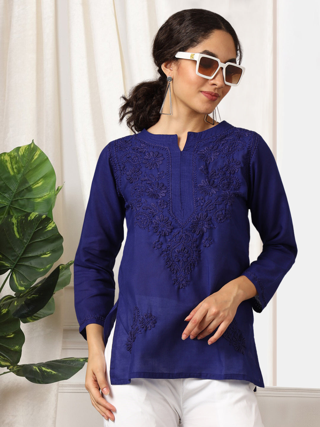 Hand Embroidered Chikankari Cotton Straight Kurti-AL3405 Royalblue