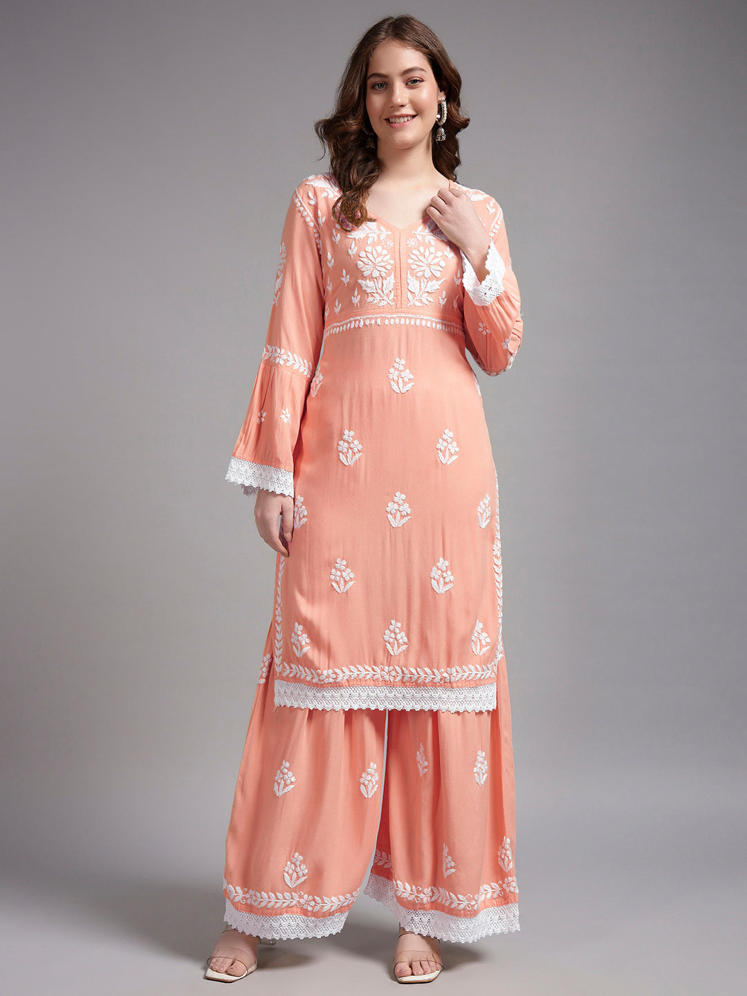 Women Hand Embroidered Lucknowi Chikankari Rayon Kurta Set-AL4077KS Peach