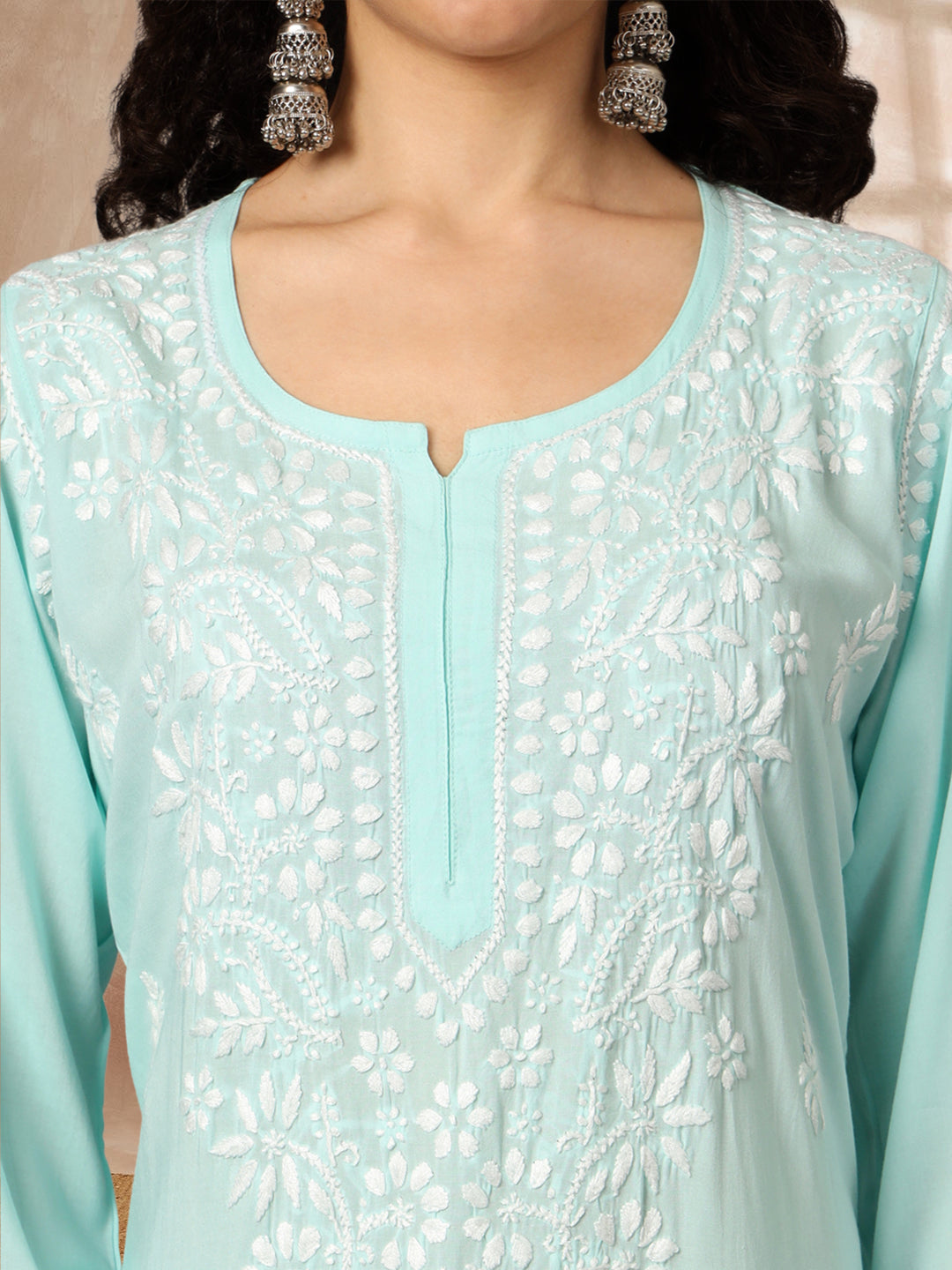 Women Hand Embroidered Chikankari Modal Kurta Set-AL3600KS Seagreen