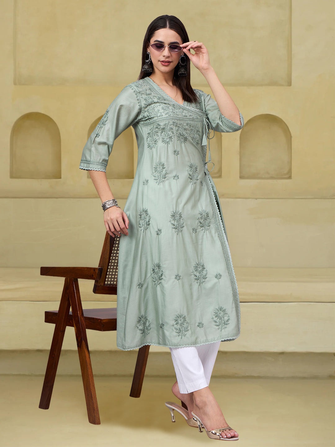 Women chikankari hand Embroidered Chanderi Angrakha kurta-AL3667 Seagreen