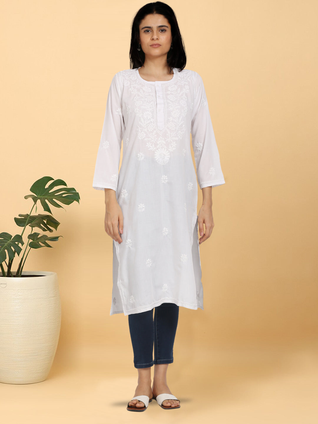Hand Embroidered Chikankari Cotton Straight Kurta -ALNTV115 White