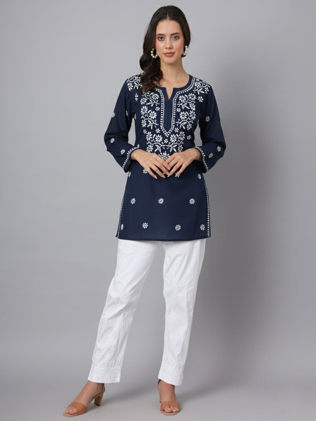 Women Hand Embroidered Modal Chikankari Kurti-AL3611 Navy