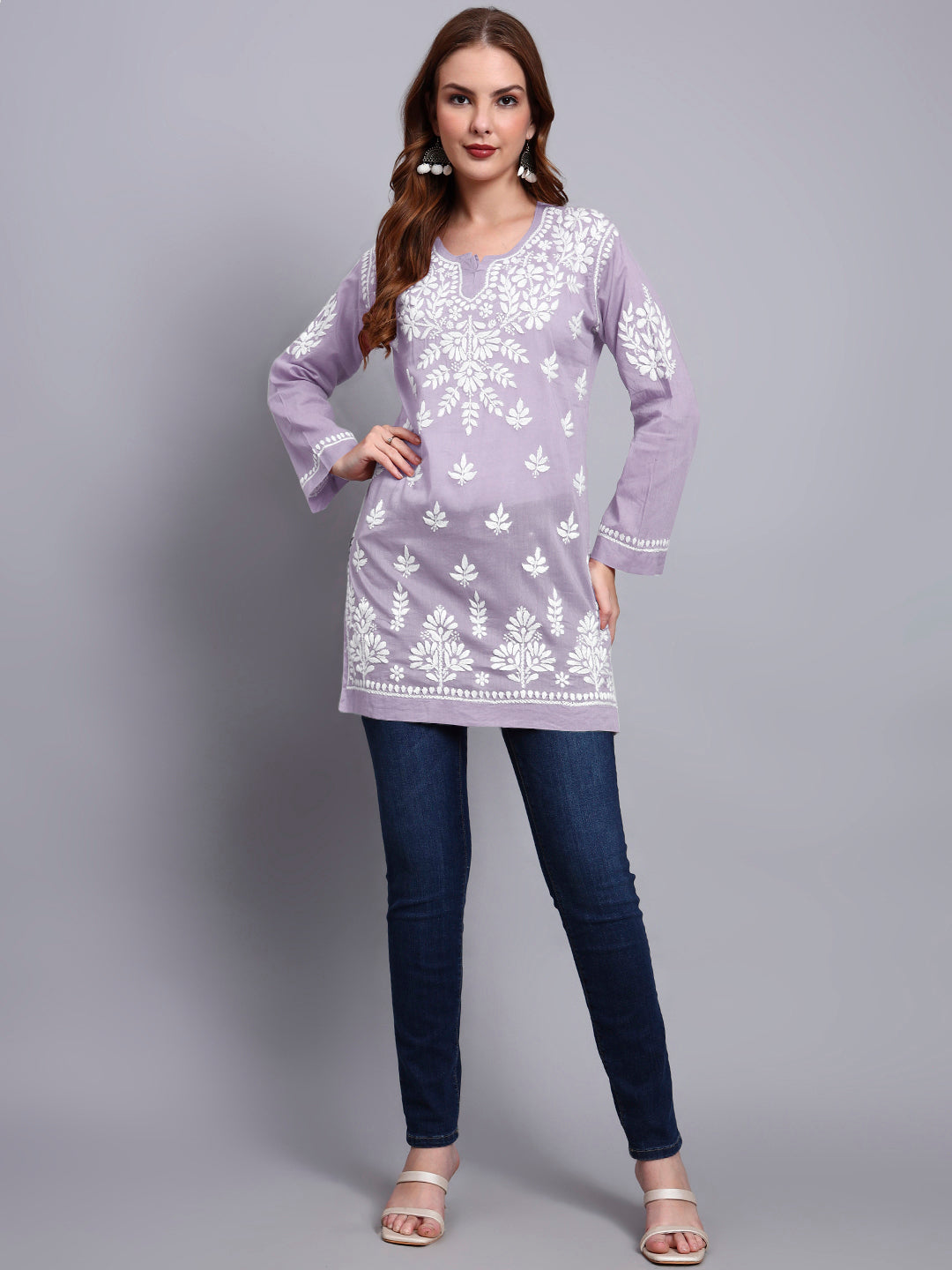 Women Hand Embroidered Chikankari Mulmul Short Top -AL3724 Mauve