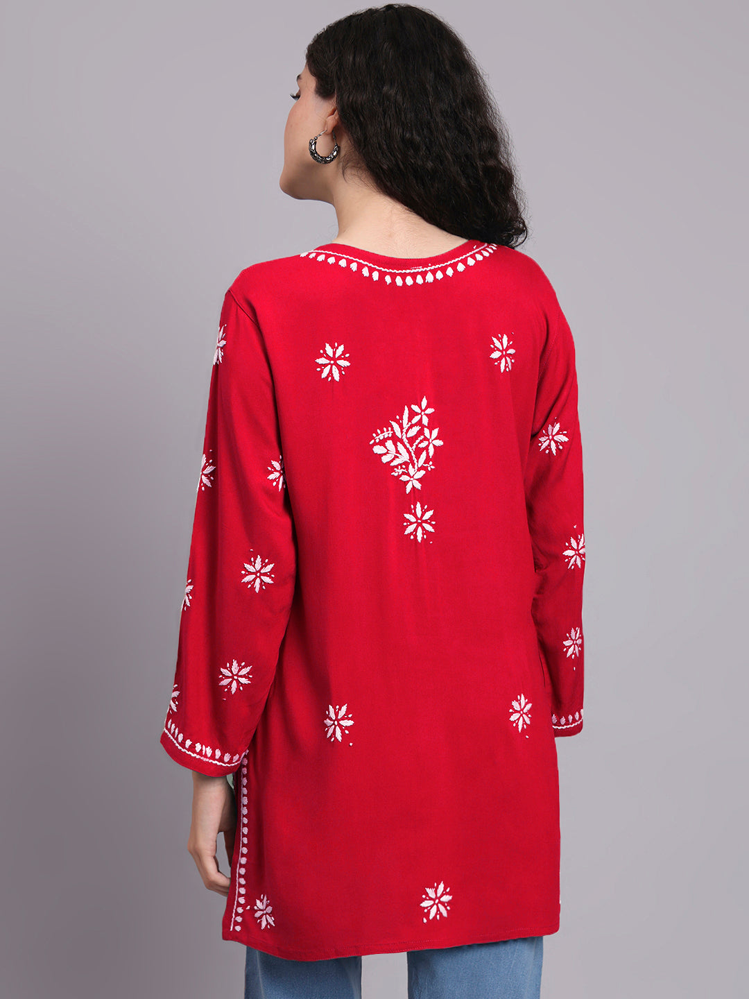 Women Hand Embroidered Chikankari Rayon Short Kurti-AL4071 Red