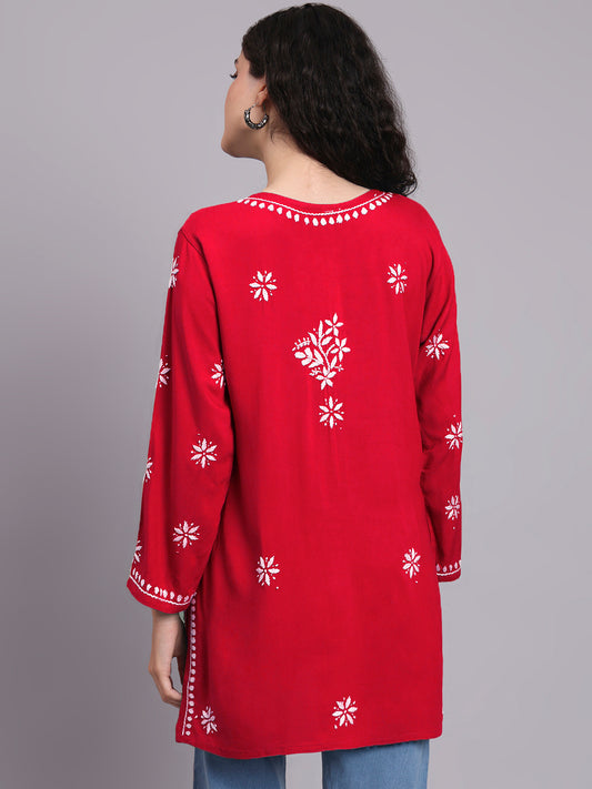 Women Hand Embroidered Chikankari Rayon Short Kurti-AL4071 Red