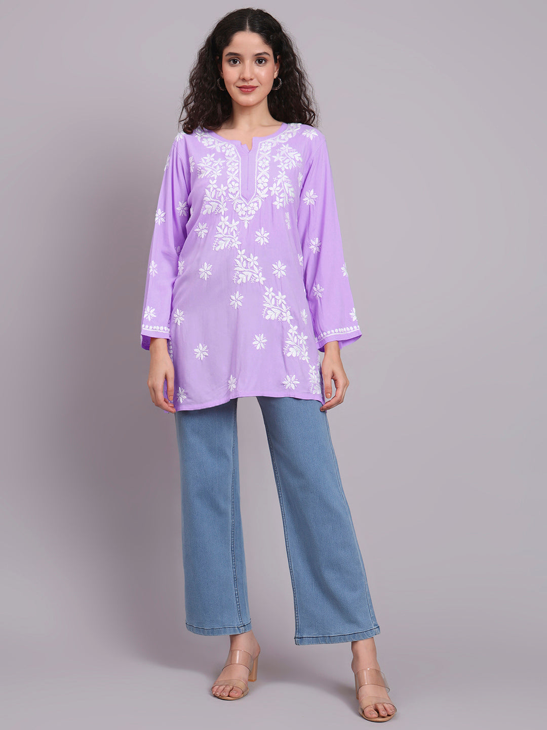Women Chikankari Hand Embroidered Rayon Kurti -AL4071 Lavender