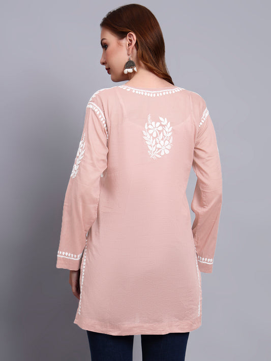 Women Hand Embroidered Chikankari Mulmul Short Top -AL3724 Peach