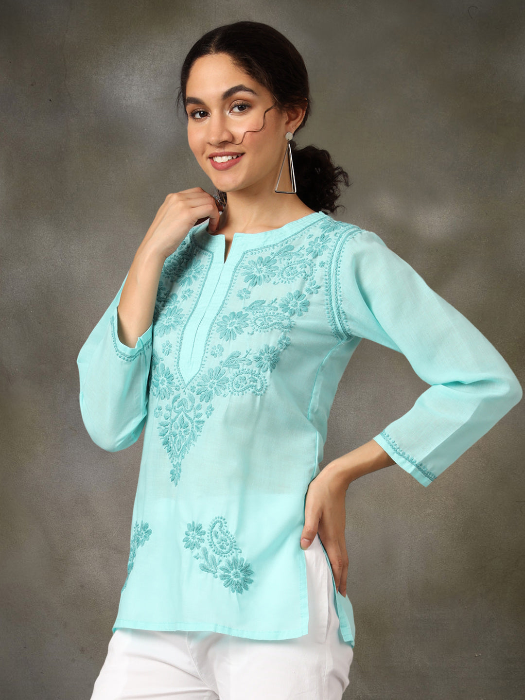 Hand Embroidered Chikankari Cotton Straight Short Kurti-AL3405 Seagreen