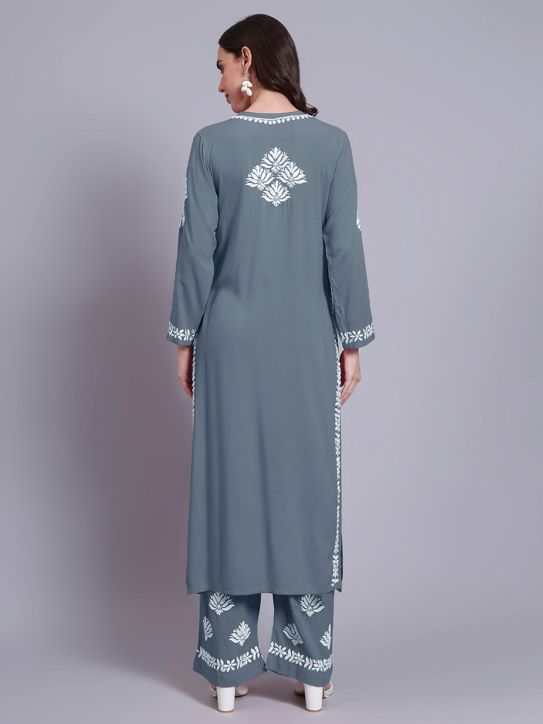 Women Hand Embroidered Chikankari Rayon Kurta Set-AL4084KS Grey