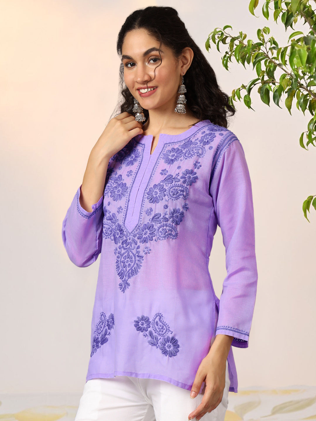 Hand Embroidered Chikankari Cotton Straight Kurti-AL3405 Mauve