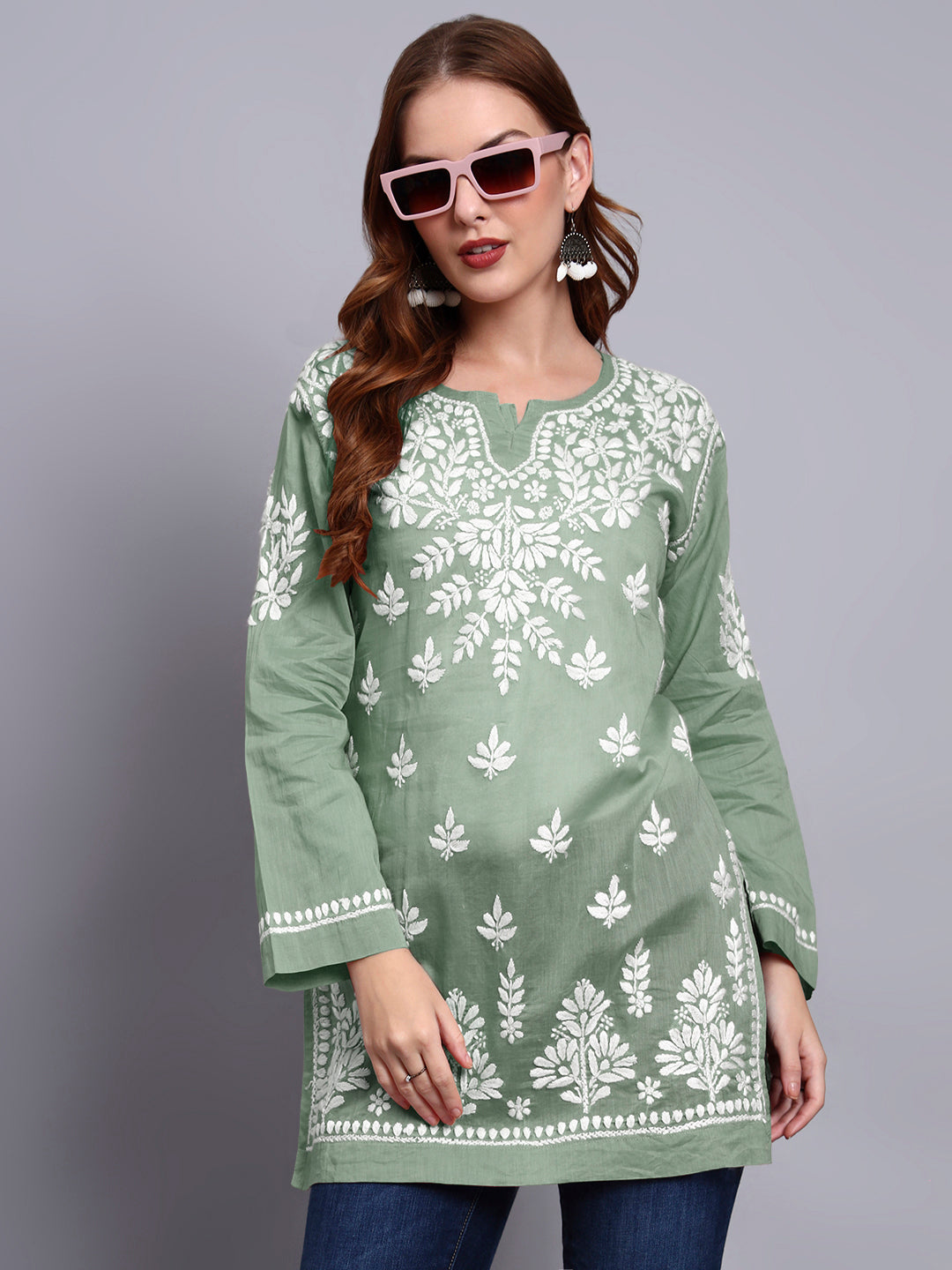 Women Hand Embroidered Chikankari Mulmul Short Top -AL3724 Green