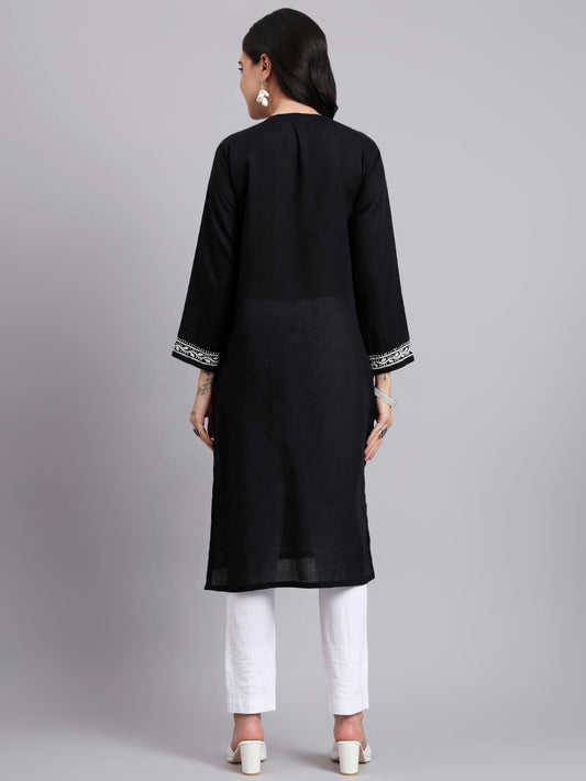 Women Hand Embroidered Chikankari Cotton Kurta-AL3999 Black