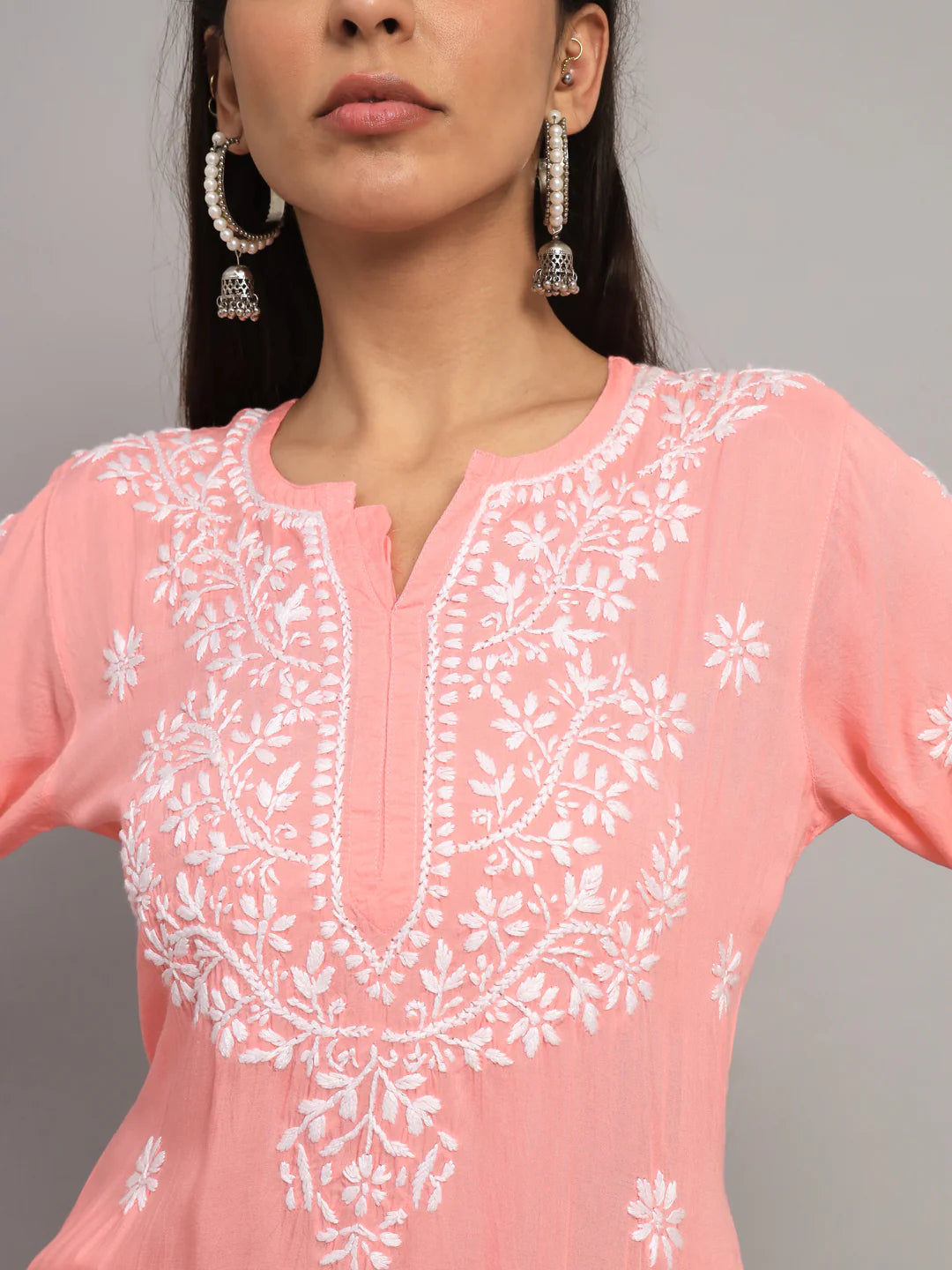 Women Hand Embroidered Chikankari Modal Kurti-AL3611 Peach