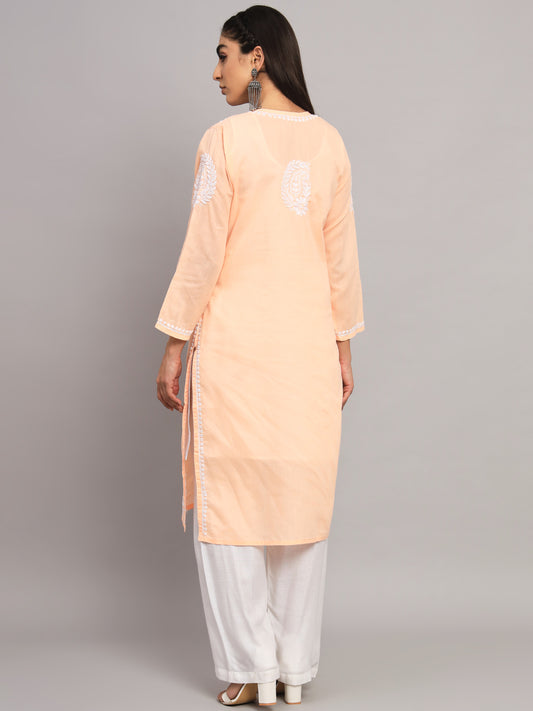 Hand Embroidered Chikankari Cotton Straight Kurta- AL3561 Peach