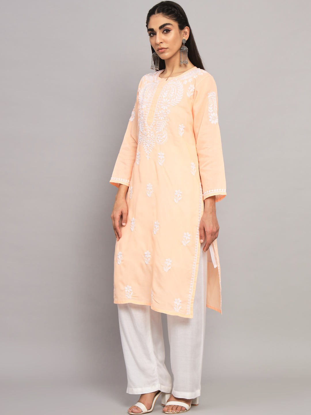 Hand Embroidered Chikankari Cotton Straight Kurta- AL3561 Peach
