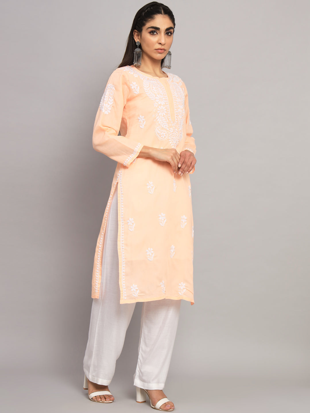 Hand Embroidered Chikankari Cotton Straight Kurta- AL3561 Peach