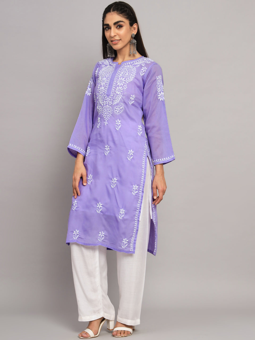 Hand Embroidered Chikankari Cotton Straight Kurta- AL3561 Mauve
