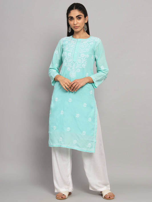 Hand Embroidered Chikankari Cotton Straight Kurta -ALNTV115 Seagreen
