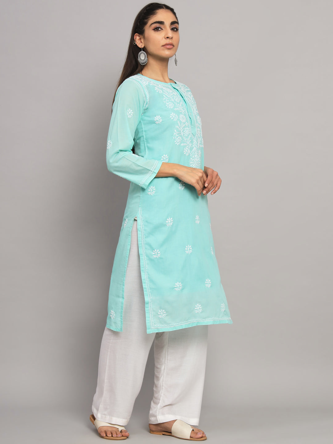 Hand Embroidered Chikankari Cotton Straight Kurta -ALNTV115 Lightgreen